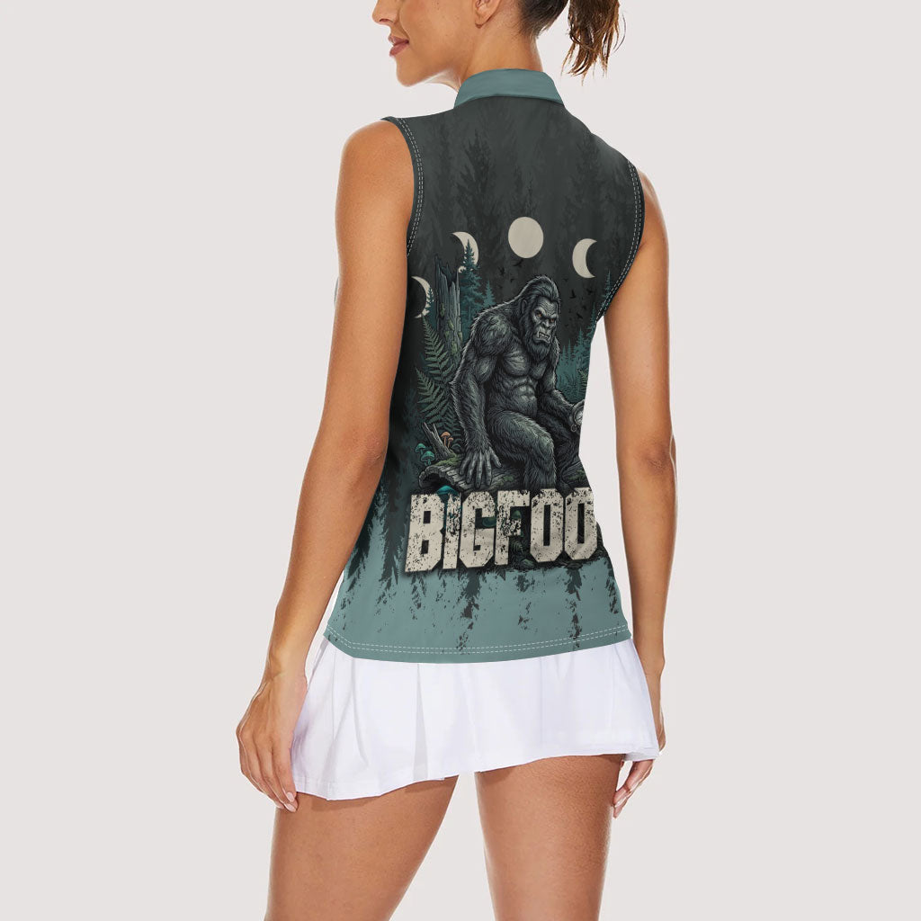 Bigfoot Wilderness Solitude Women Sleeveless Polo Shirt Cryptid Forest Graphic In Distressed Vintage Style