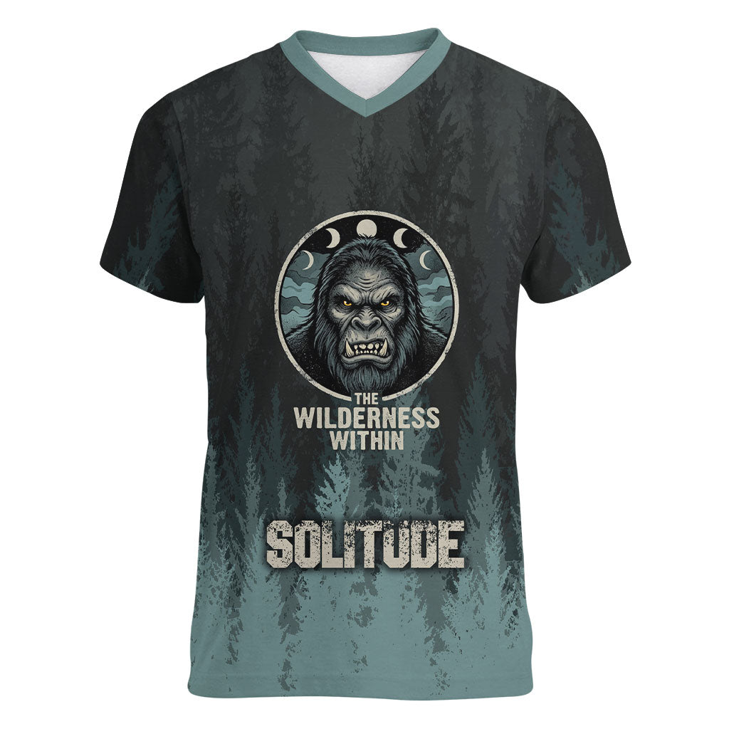 Bigfoot Wilderness Solitude Women V-Neck T-Shirt Cryptid Forest Graphic In Distressed Vintage Style