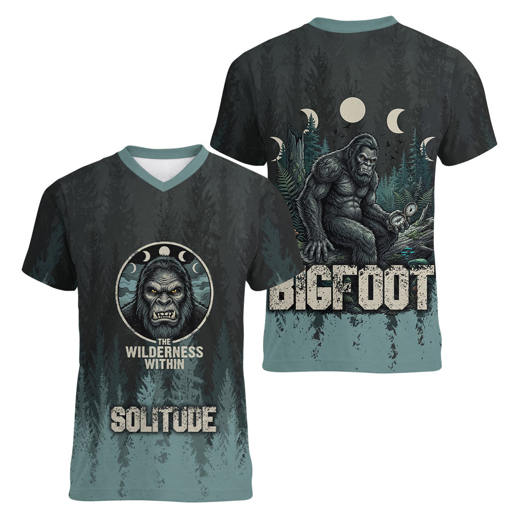 Bigfoot Wilderness Solitude Women V-Neck T-Shirt Cryptid Forest Graphic In Distressed Vintage Style