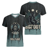 Bigfoot Wilderness Solitude Women V-Neck T-Shirt Cryptid Forest Graphic In Distressed Vintage Style