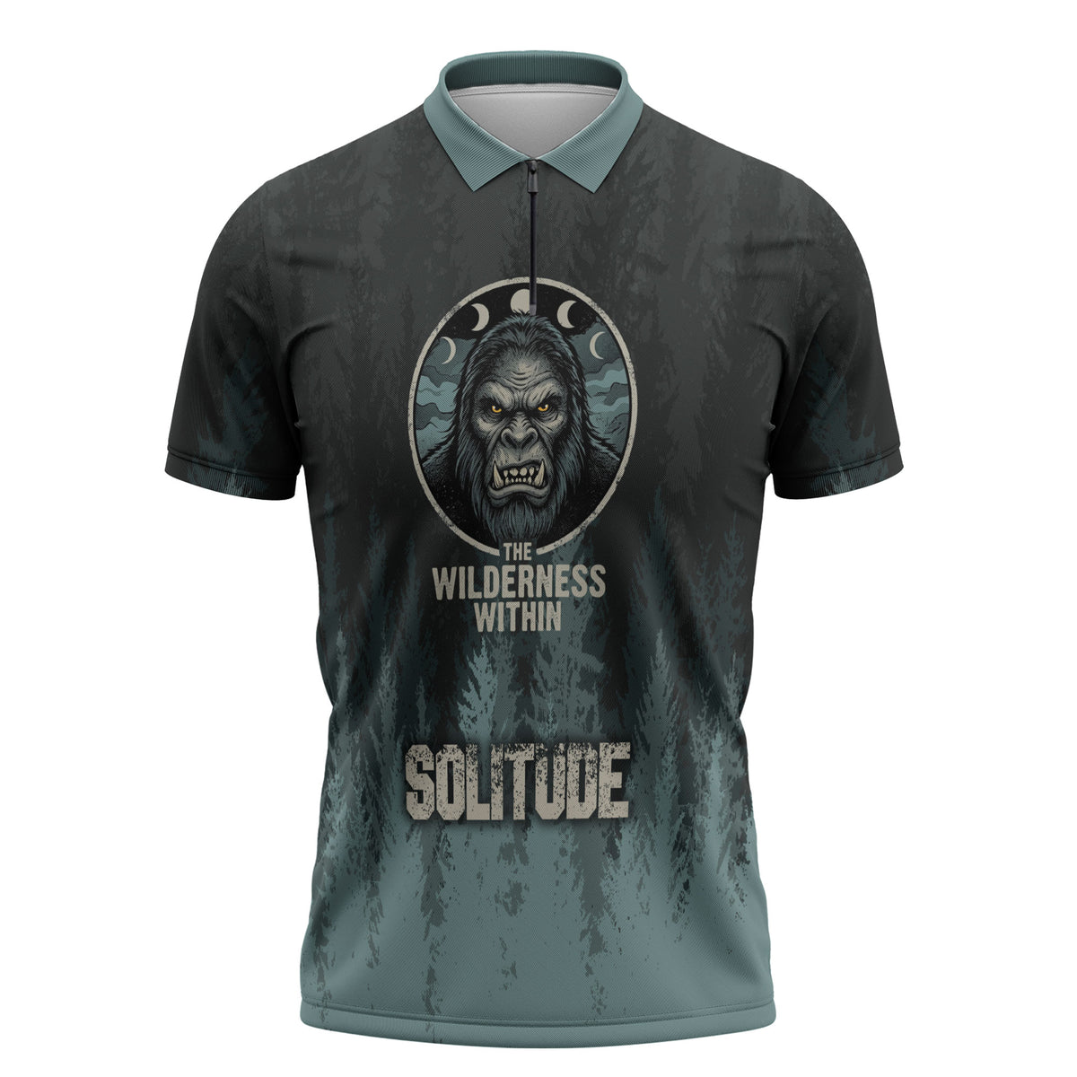 Bigfoot Wilderness Solitude Zipper Polo Shirt Cryptid Forest Graphic In Distressed Vintage Style