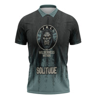Bigfoot Wilderness Solitude Zipper Polo Shirt Cryptid Forest Graphic In Distressed Vintage Style