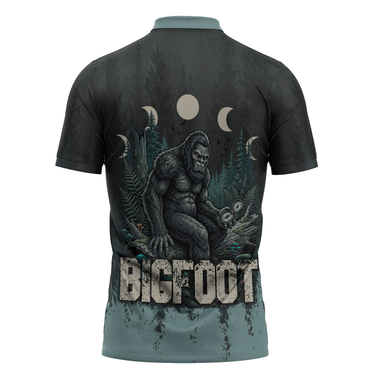 Bigfoot Wilderness Solitude Zipper Polo Shirt Cryptid Forest Graphic In Distressed Vintage Style