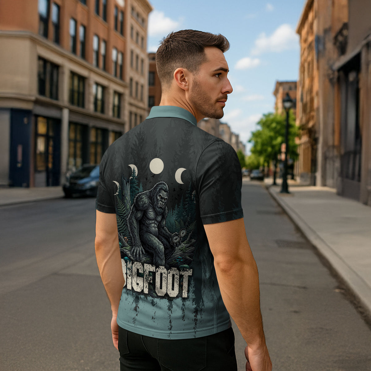 Bigfoot Wilderness Solitude Zipper Polo Shirt Cryptid Forest Graphic In Distressed Vintage Style