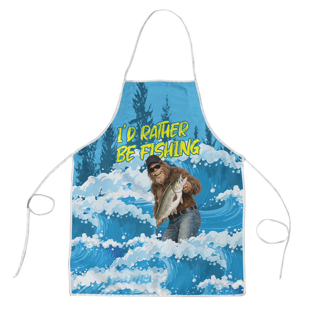 Bigfoot Sasquatch I'd Rather Be Fishing Apron Funny Angler Humorous Outdoors Graphic Art