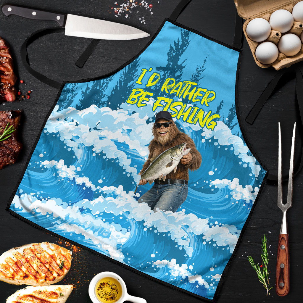 Bigfoot Sasquatch I'd Rather Be Fishing Apron Funny Angler Humorous Outdoors Graphic Art