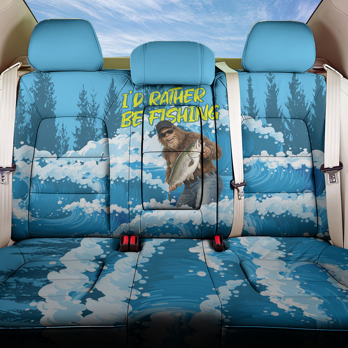 Bigfoot Sasquatch I'd Rather Be Fishing Back Car Seat Cover Funny Angler Humorous Outdoors Graphic Art
