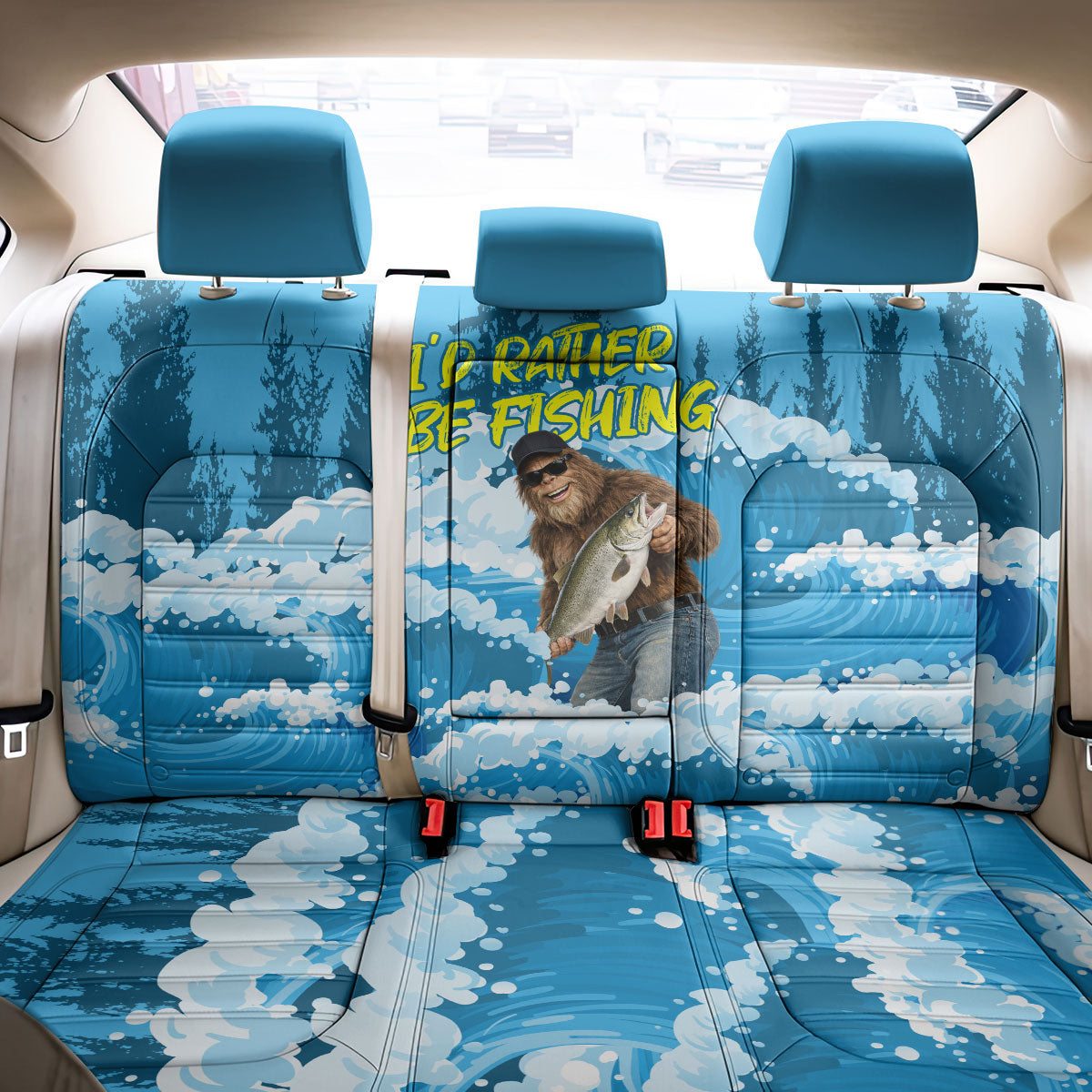 Bigfoot Sasquatch I'd Rather Be Fishing Back Car Seat Cover Funny Angler Humorous Outdoors Graphic Art