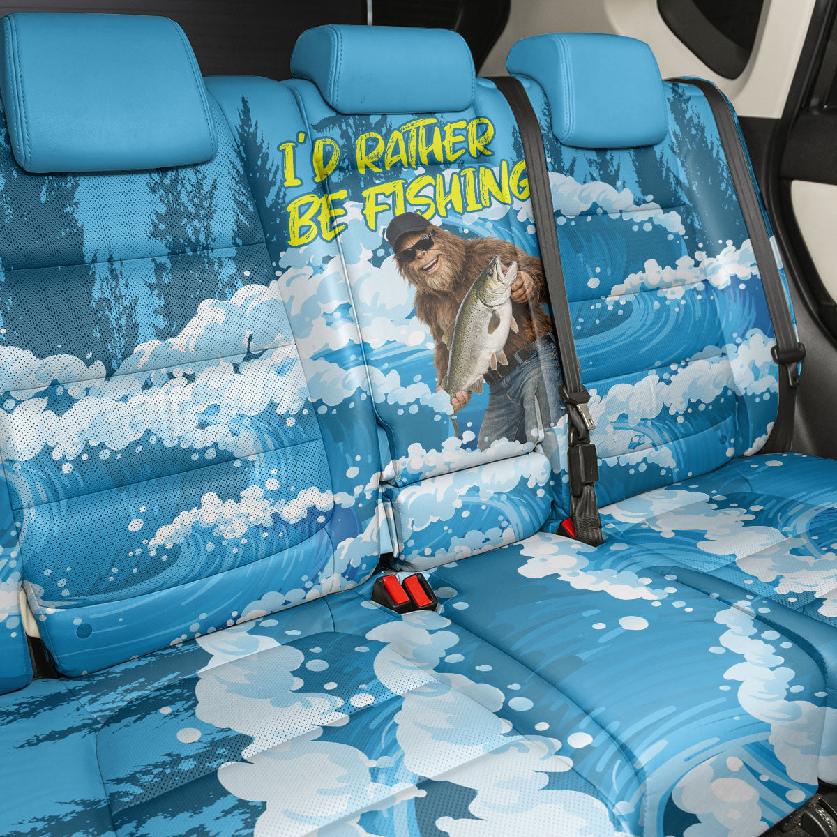 Bigfoot Sasquatch I'd Rather Be Fishing Back Car Seat Cover Funny Angler Humorous Outdoors Graphic Art