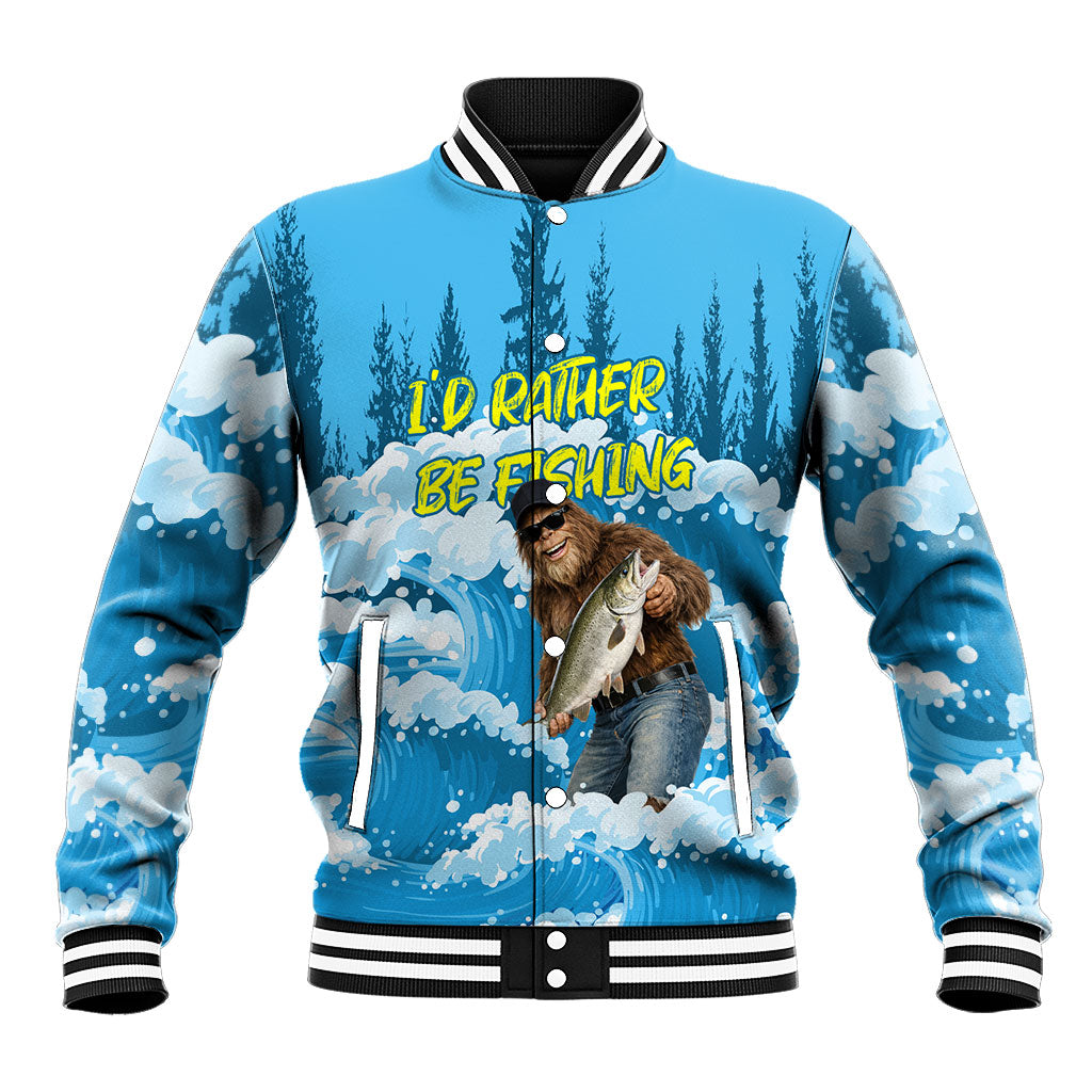 Bigfoot Sasquatch I'd Rather Be Fishing Baseball Jacket Funny Angler Humorous Outdoors Graphic Art
