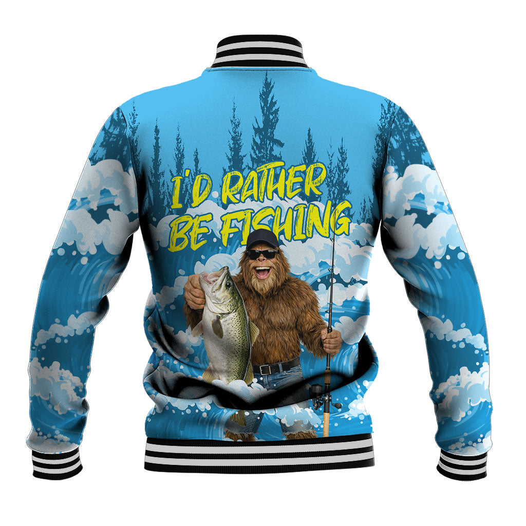 Bigfoot Sasquatch I'd Rather Be Fishing Baseball Jacket Funny Angler Humorous Outdoors Graphic Art