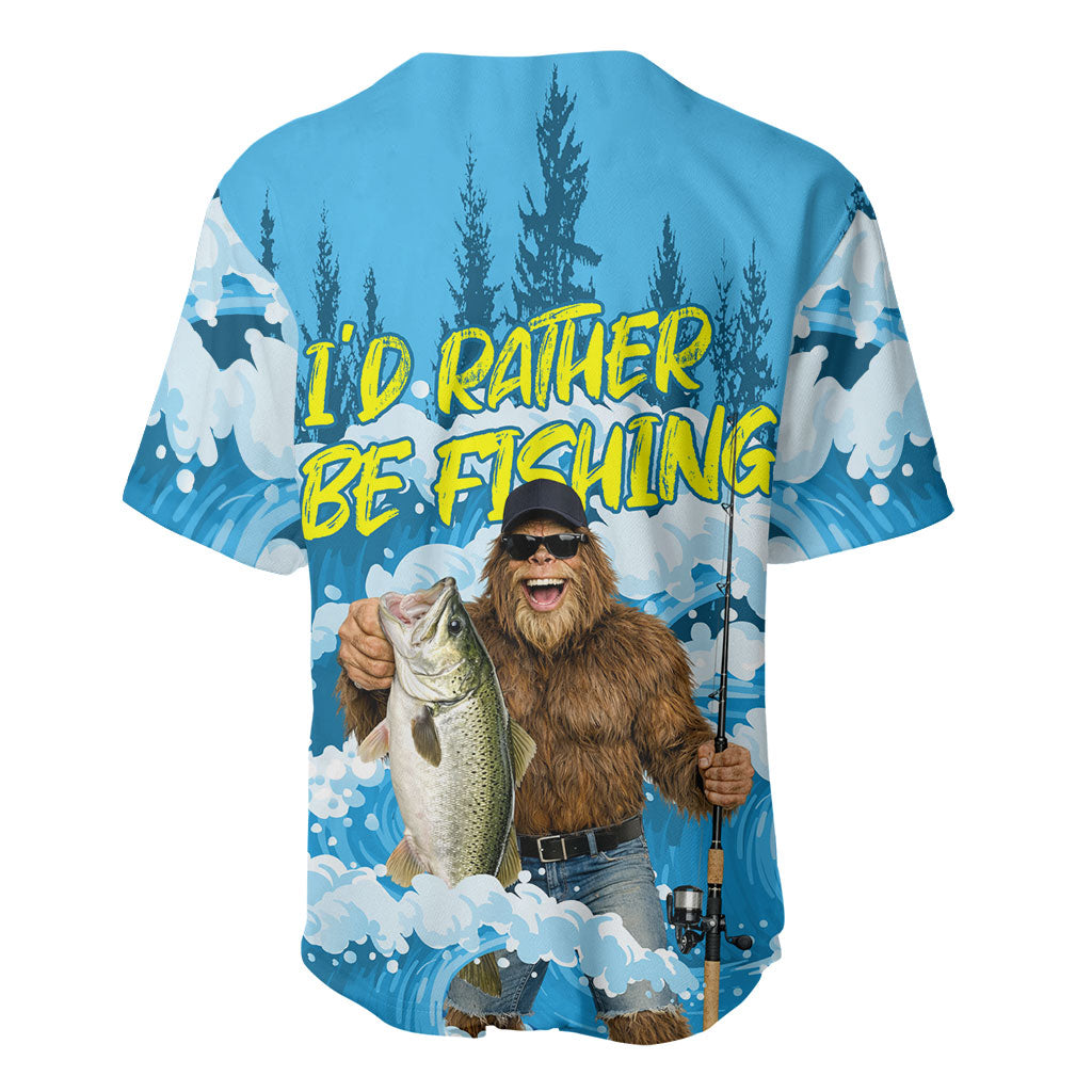 Bigfoot Sasquatch I'd Rather Be Fishing Baseball Jersey Funny Angler Humorous Outdoors Graphic Art