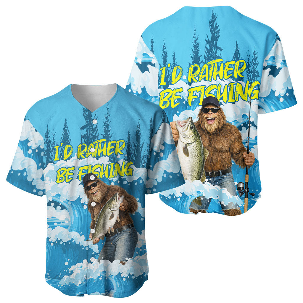 Bigfoot Sasquatch I'd Rather Be Fishing Baseball Jersey Funny Angler Humorous Outdoors Graphic Art