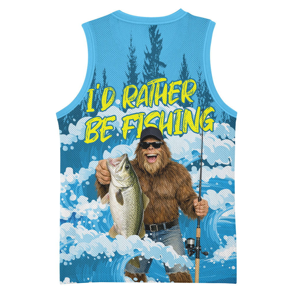 Bigfoot Sasquatch I'd Rather Be Fishing Basketball Jersey Funny Angler Humorous Outdoors Graphic Art