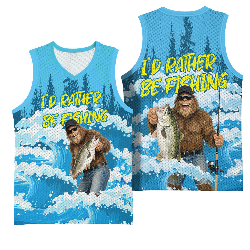 Bigfoot Sasquatch I'd Rather Be Fishing Basketball Jersey Funny Angler Humorous Outdoors Graphic Art