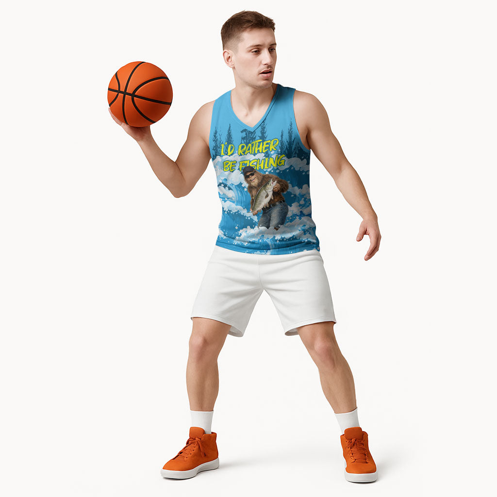 Bigfoot Sasquatch I'd Rather Be Fishing Basketball Jersey Funny Angler Humorous Outdoors Graphic Art