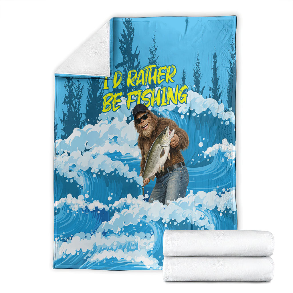 Bigfoot Sasquatch I'd Rather Be Fishing Blanket Funny Angler Humorous Outdoors Graphic Art