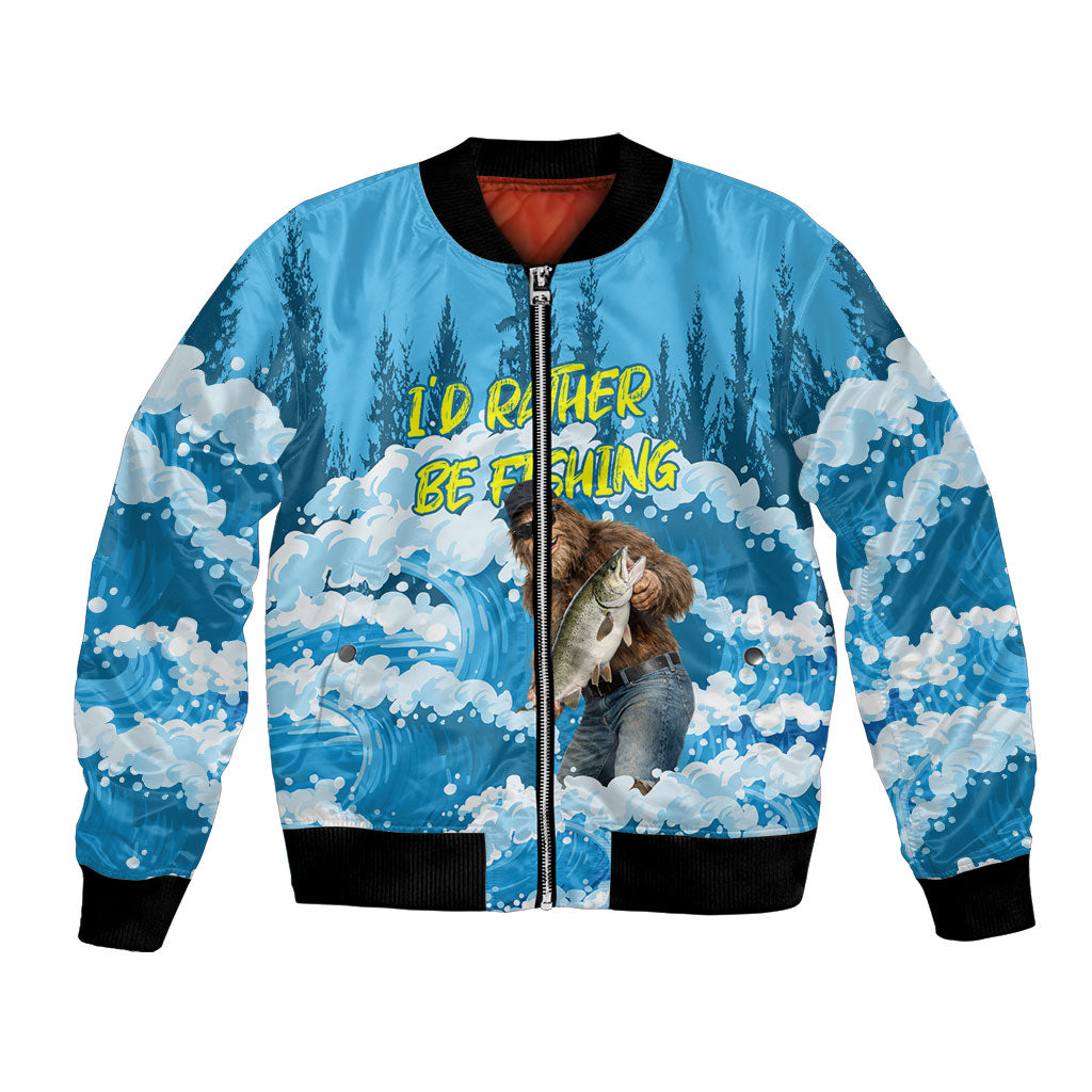 Bigfoot Sasquatch I'd Rather Be Fishing Bomber Jacket Funny Angler Humorous Outdoors Graphic Art