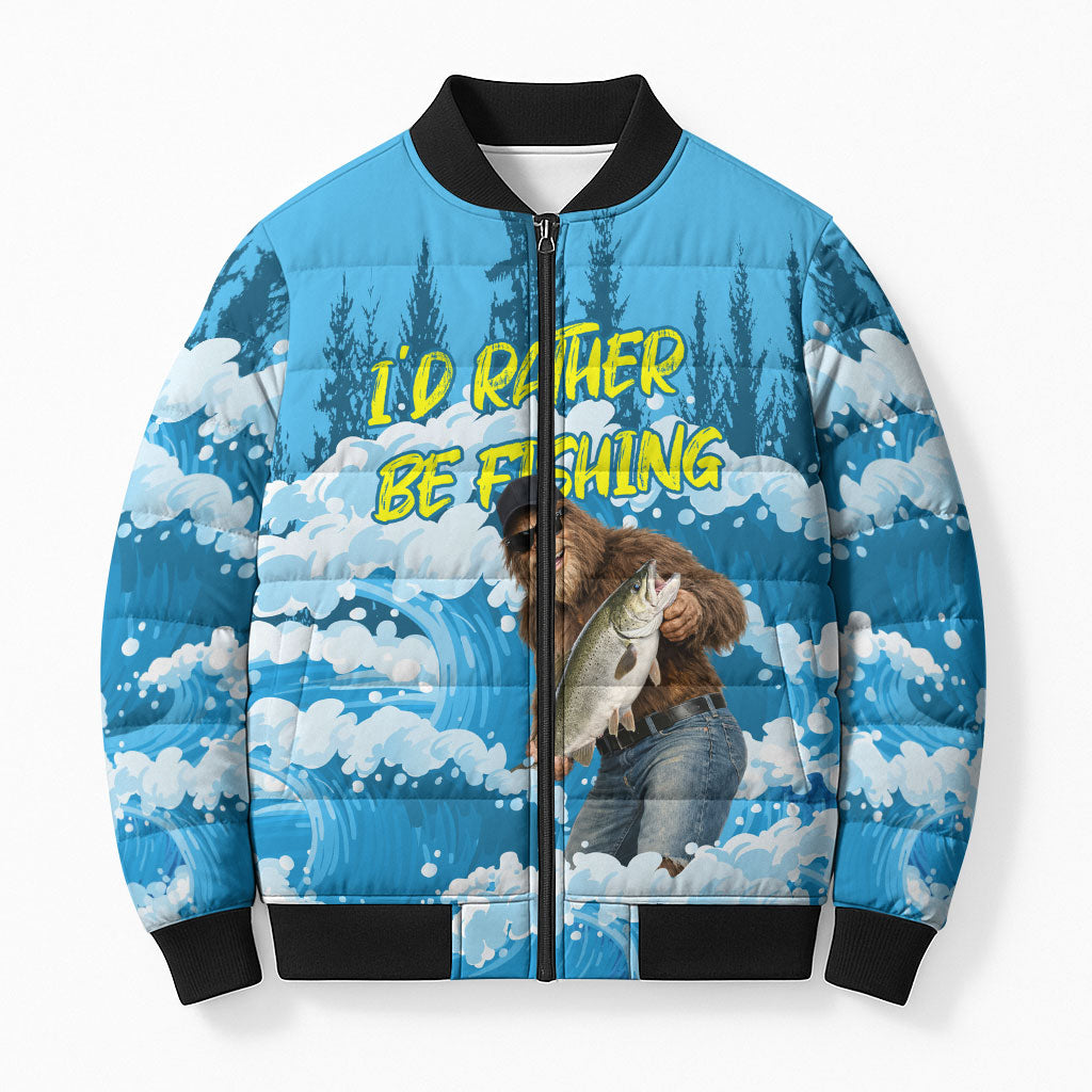 Bigfoot Sasquatch I'd Rather Be Fishing Bomber Puffer Jacket Funny Angler Humorous Outdoors Graphic Art