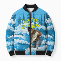 Bigfoot Sasquatch I'd Rather Be Fishing Bomber Puffer Jacket Funny Angler Humorous Outdoors Graphic Art