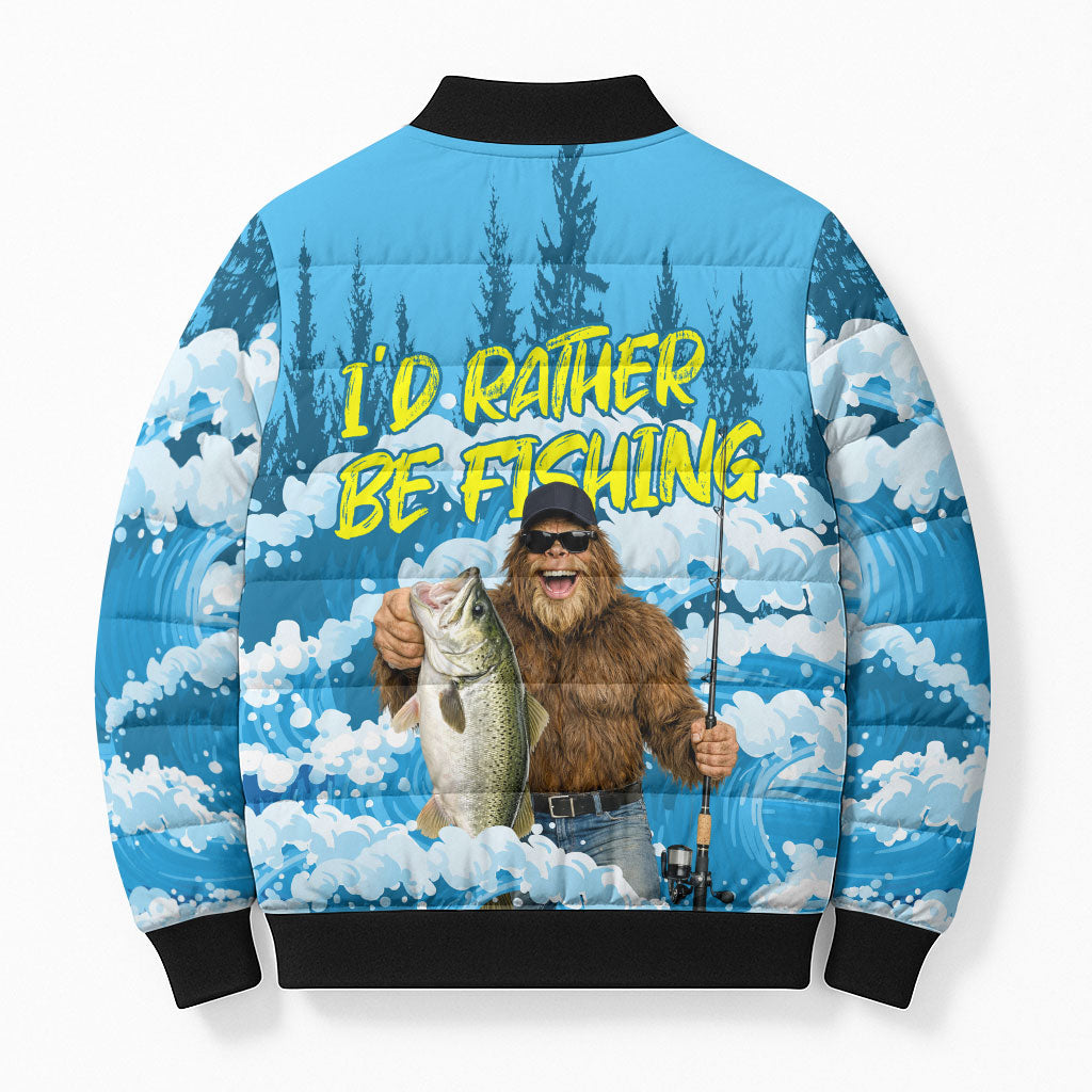 Bigfoot Sasquatch I'd Rather Be Fishing Bomber Puffer Jacket Funny Angler Humorous Outdoors Graphic Art