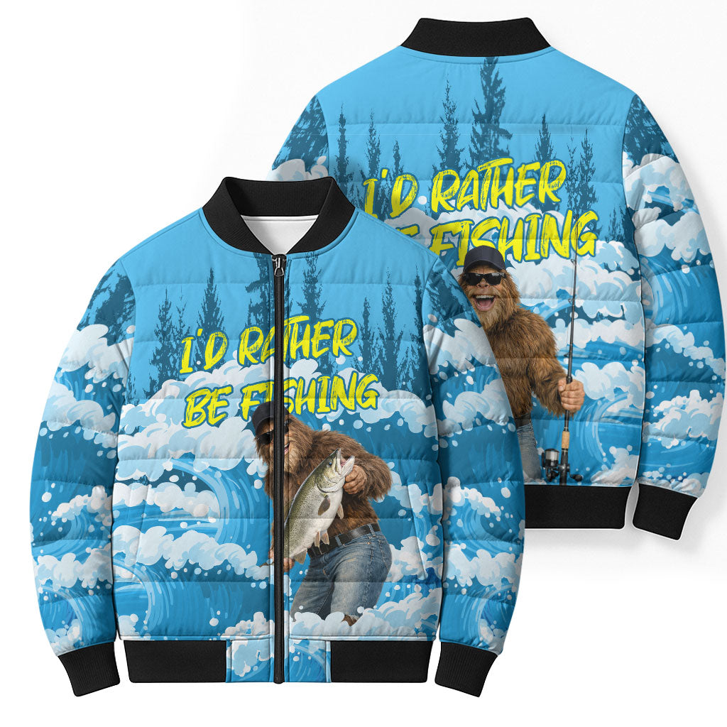 Bigfoot Sasquatch I'd Rather Be Fishing Bomber Puffer Jacket Funny Angler Humorous Outdoors Graphic Art