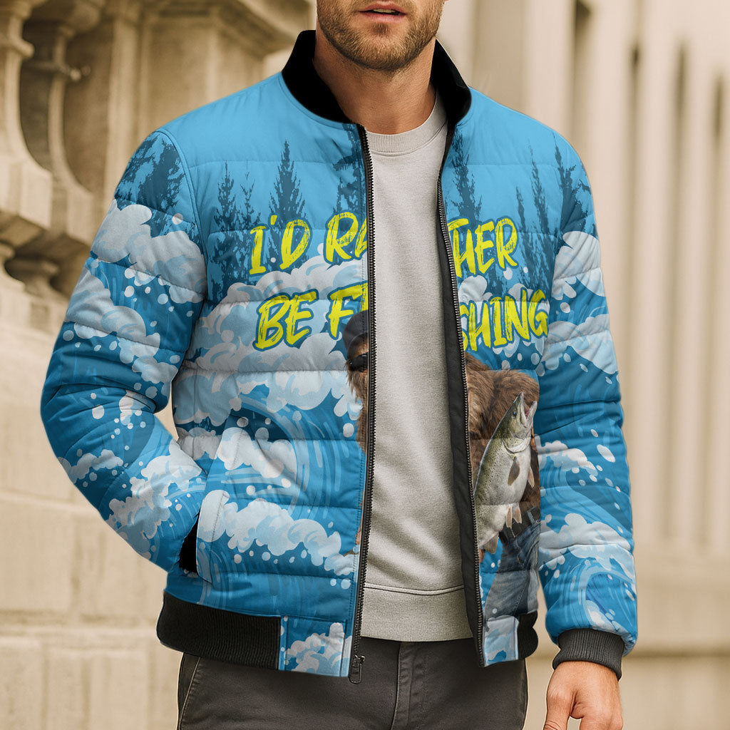 Bigfoot Sasquatch I'd Rather Be Fishing Bomber Puffer Jacket Funny Angler Humorous Outdoors Graphic Art