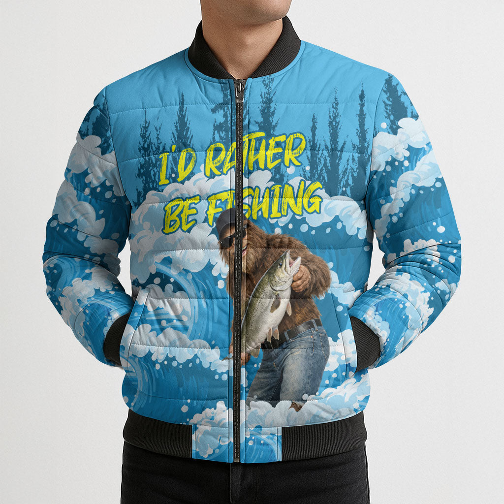 Bigfoot Sasquatch I'd Rather Be Fishing Bomber Puffer Jacket Funny Angler Humorous Outdoors Graphic Art