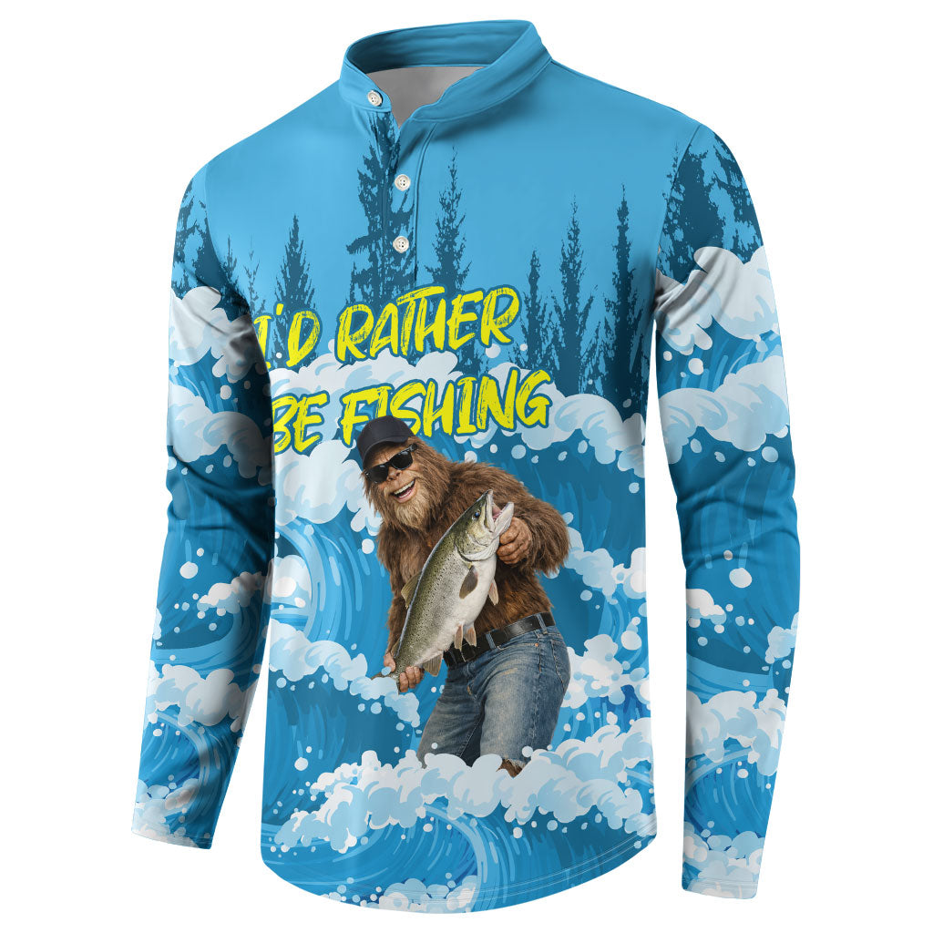 Bigfoot Sasquatch I'd Rather Be Fishing Button Sweatshirt Funny Angler Humorous Outdoors Graphic Art