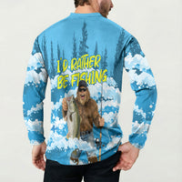 Bigfoot Sasquatch I'd Rather Be Fishing Button Sweatshirt Funny Angler Humorous Outdoors Graphic Art