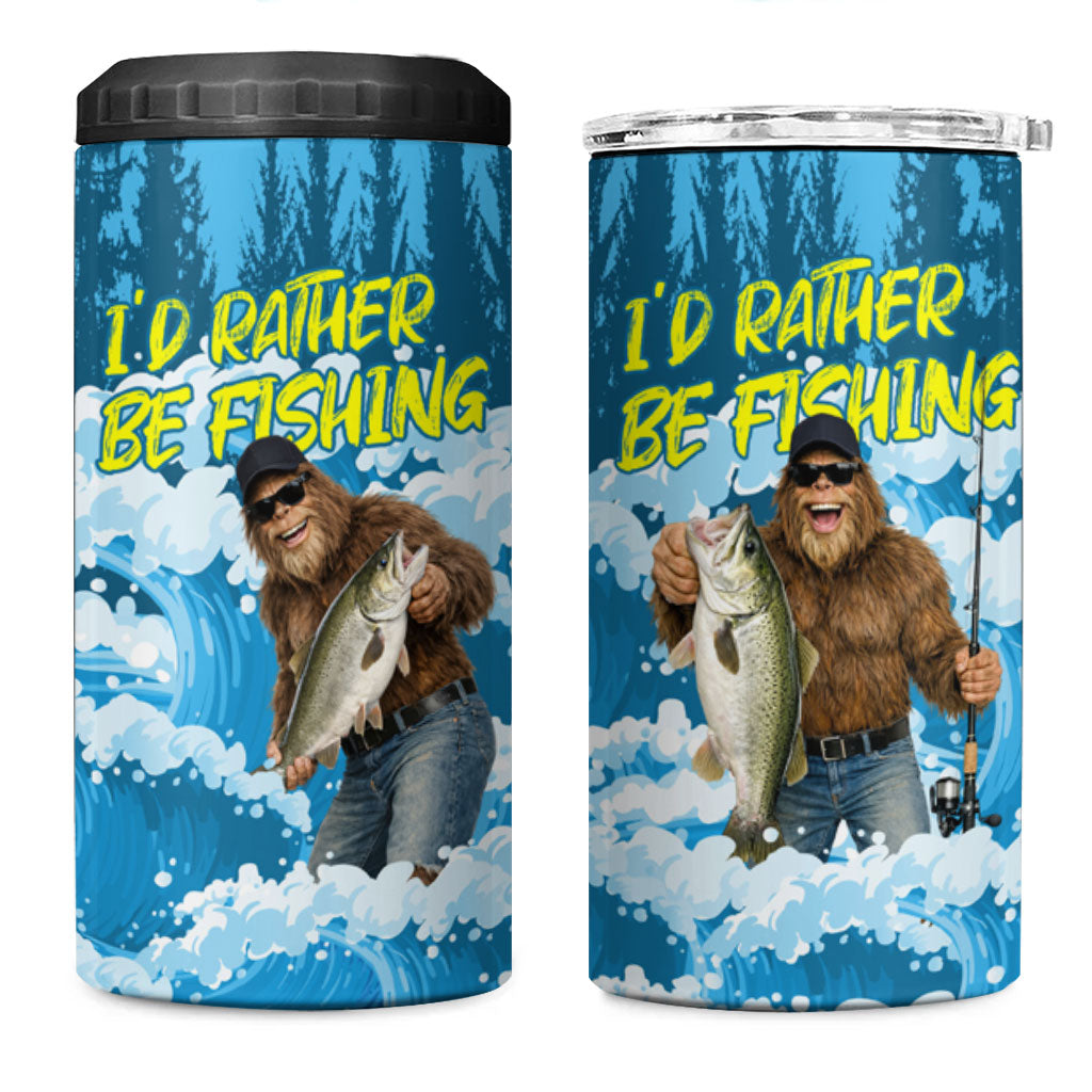 Bigfoot Sasquatch I'd Rather Be Fishing 4 in 1 Can Cooler Tumbler Funny Angler Humorous Outdoors Graphic Art