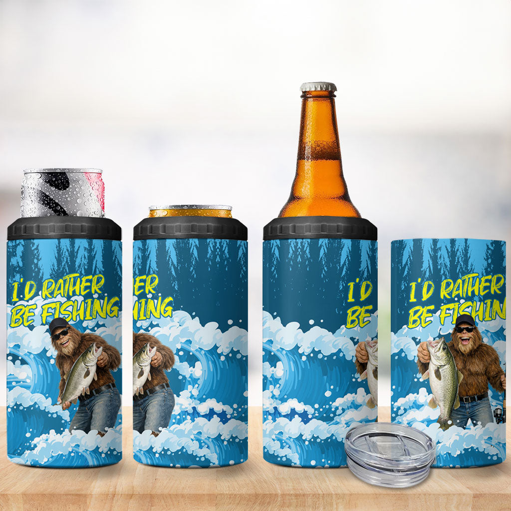 Bigfoot Sasquatch I'd Rather Be Fishing 4 in 1 Can Cooler Tumbler Funny Angler Humorous Outdoors Graphic Art
