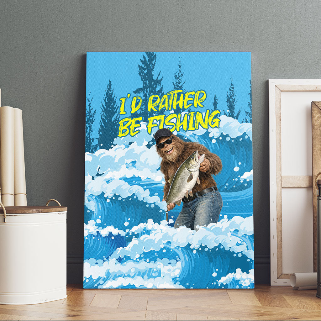 Bigfoot Sasquatch I'd Rather Be Fishing Canvas Wall Art Funny Angler Humorous Outdoors Graphic Art
