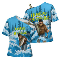 Bigfoot Sasquatch I'd Rather Be Fishing Cross Shoulder Shirt Funny Angler Humorous Outdoors Graphic Art