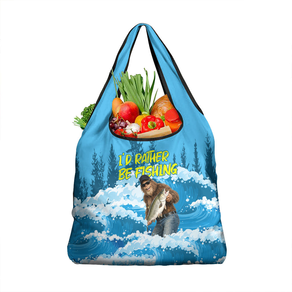 Bigfoot Sasquatch I'd Rather Be Fishing Grocery Bag Funny Angler Humorous Outdoors Graphic Art
