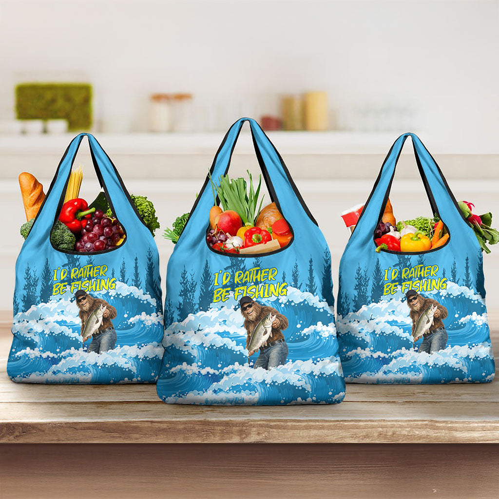 Bigfoot Sasquatch I'd Rather Be Fishing Grocery Bag Funny Angler Humorous Outdoors Graphic Art