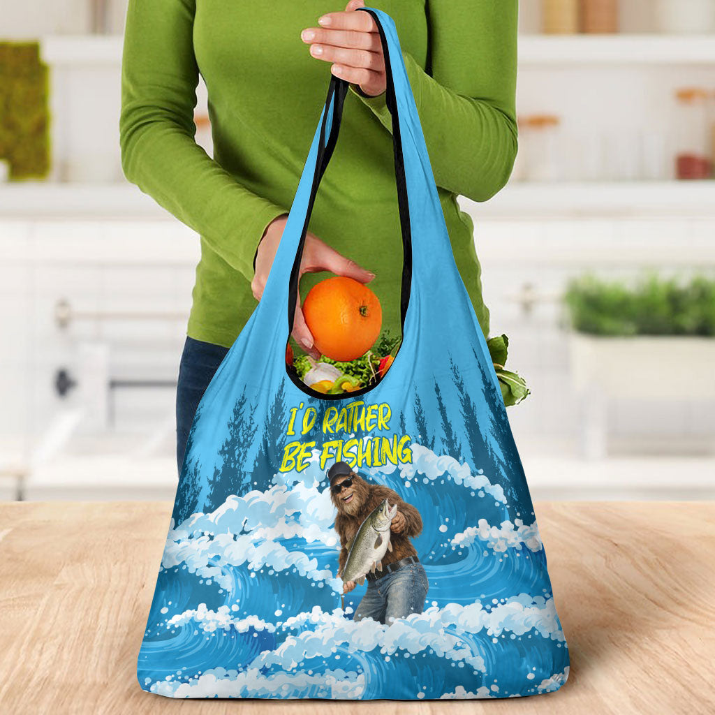 Bigfoot Sasquatch I'd Rather Be Fishing Grocery Bag Funny Angler Humorous Outdoors Graphic Art