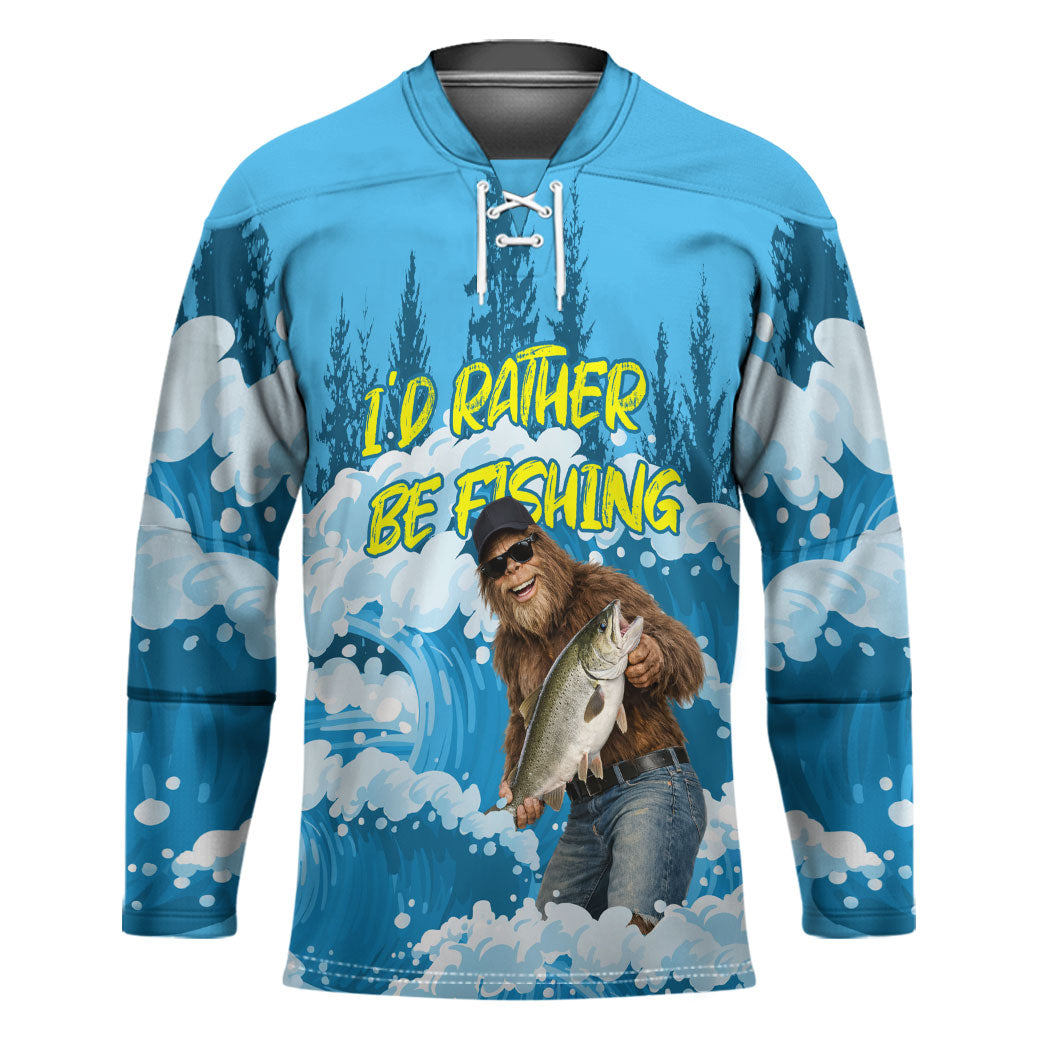 Bigfoot Sasquatch I'd Rather Be Fishing Hockey Jersey Funny Angler Humorous Outdoors Graphic Art