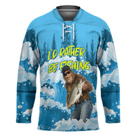 Bigfoot Sasquatch I'd Rather Be Fishing Hockey Jersey Funny Angler Humorous Outdoors Graphic Art