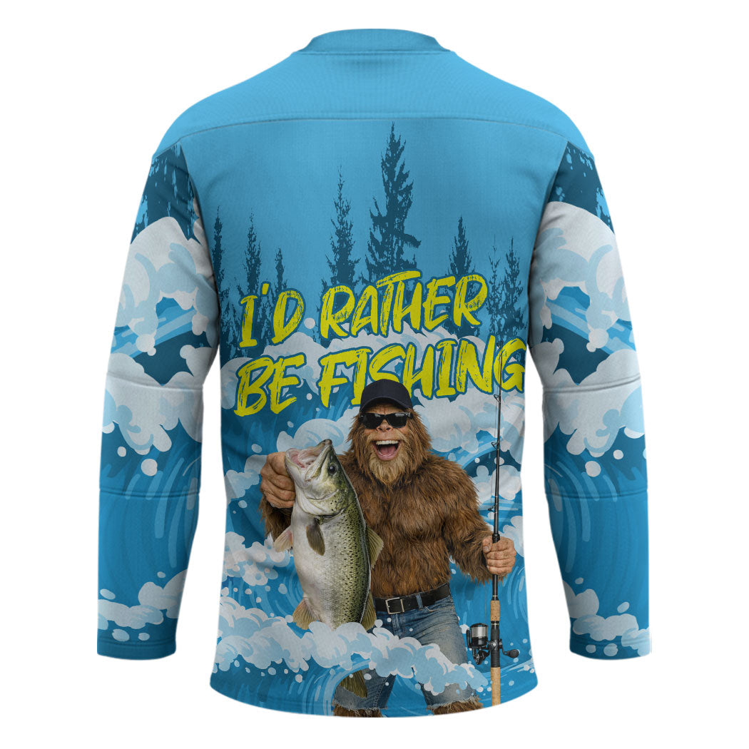Bigfoot Sasquatch I'd Rather Be Fishing Hockey Jersey Funny Angler Humorous Outdoors Graphic Art