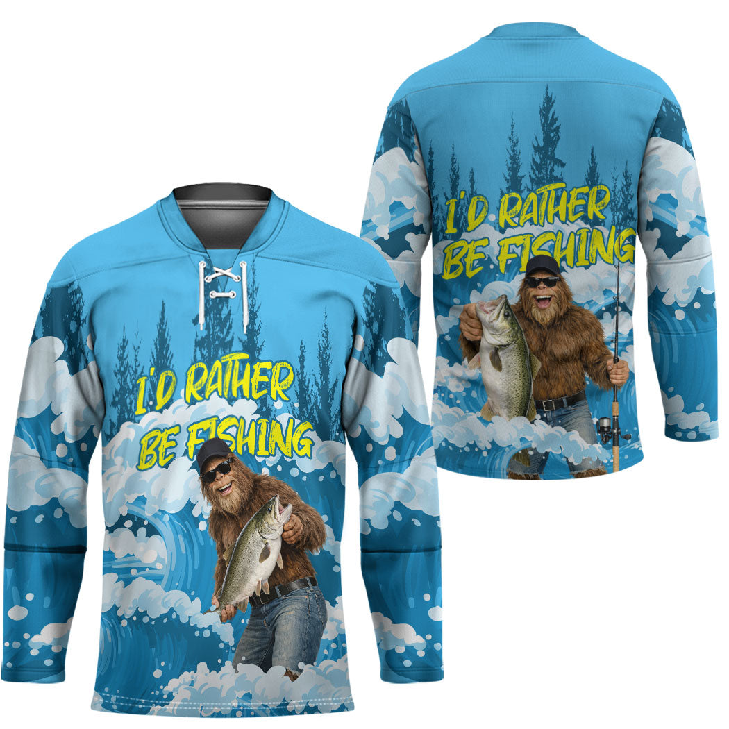 Bigfoot Sasquatch I'd Rather Be Fishing Hockey Jersey Funny Angler Humorous Outdoors Graphic Art