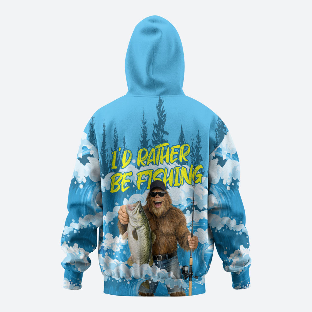 Bigfoot Sasquatch I'd Rather Be Fishing Hoodie Funny Angler Humorous Outdoors Graphic Art