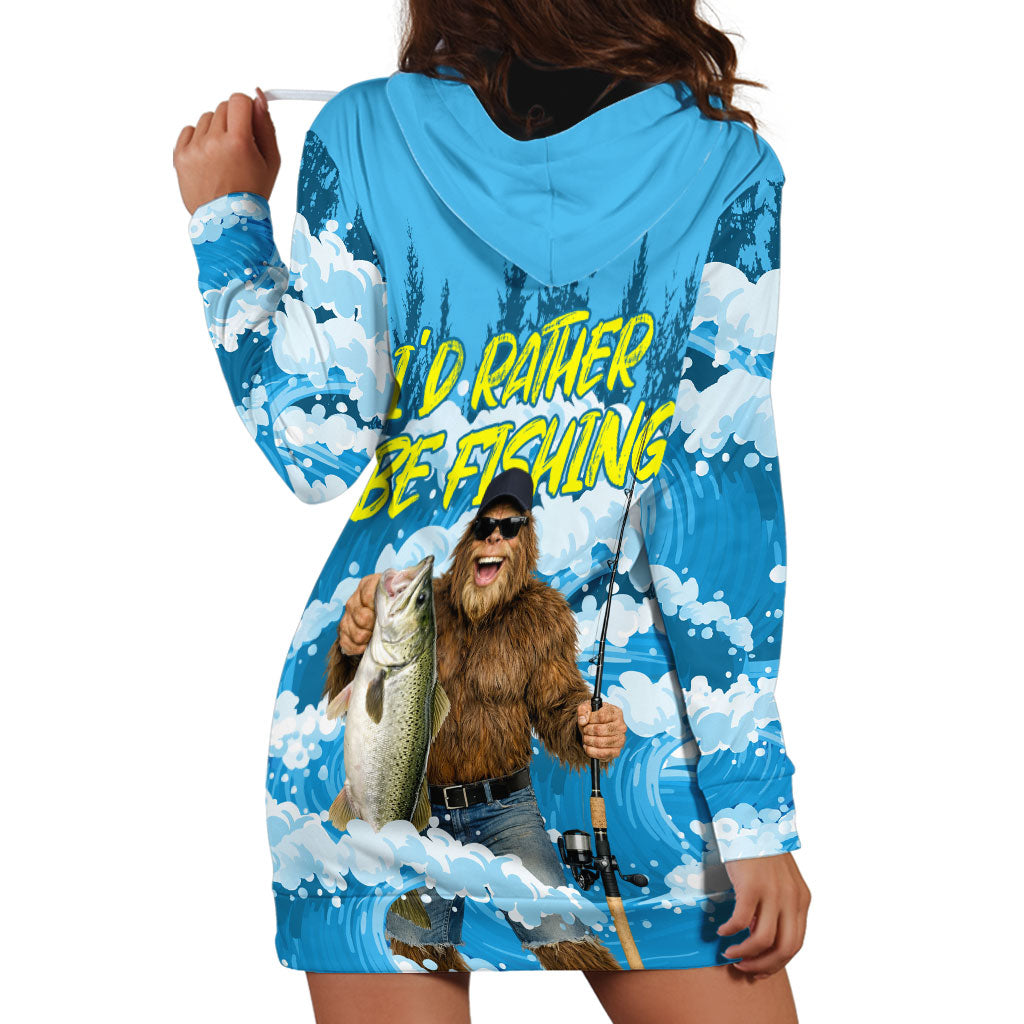 Bigfoot Sasquatch I'd Rather Be Fishing Hoodie Dress Funny Angler Humorous Outdoors Graphic Art