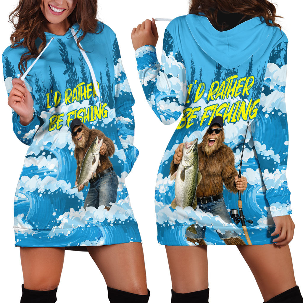 Bigfoot Sasquatch I'd Rather Be Fishing Hoodie Dress Funny Angler Humorous Outdoors Graphic Art