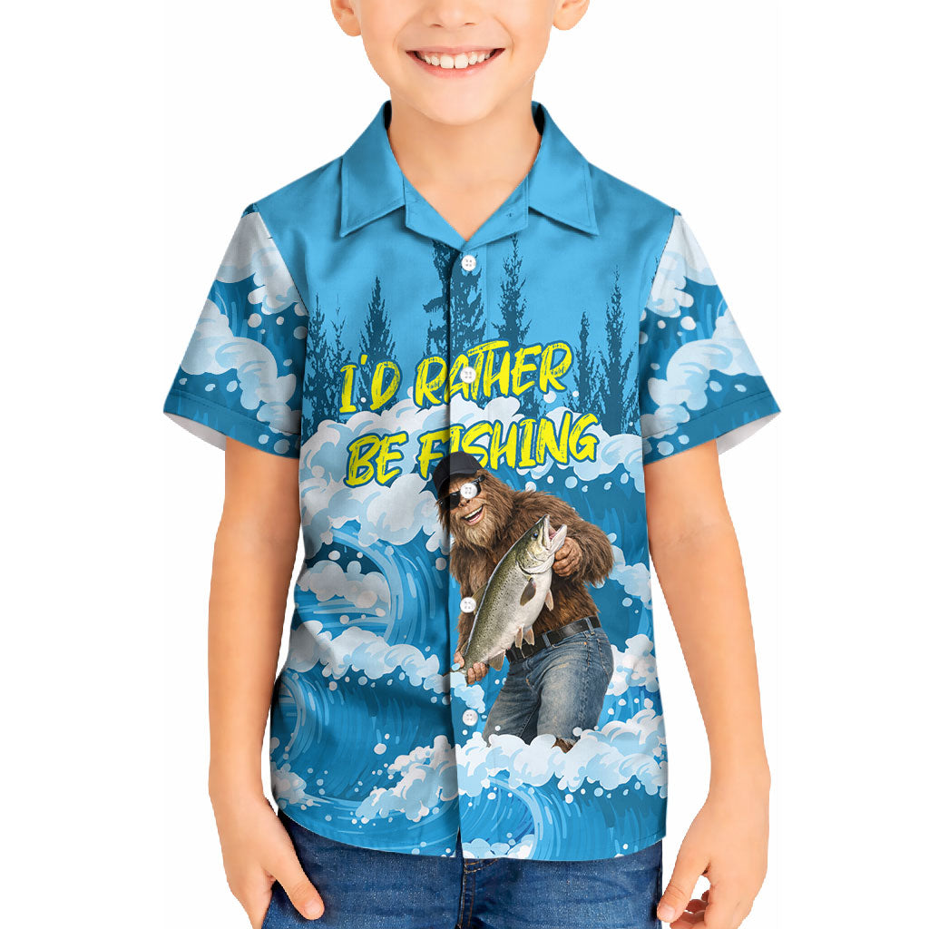 Bigfoot Sasquatch I'd Rather Be Fishing Kid Hawaiian Shirt Funny Angler Humorous Outdoors Graphic Art