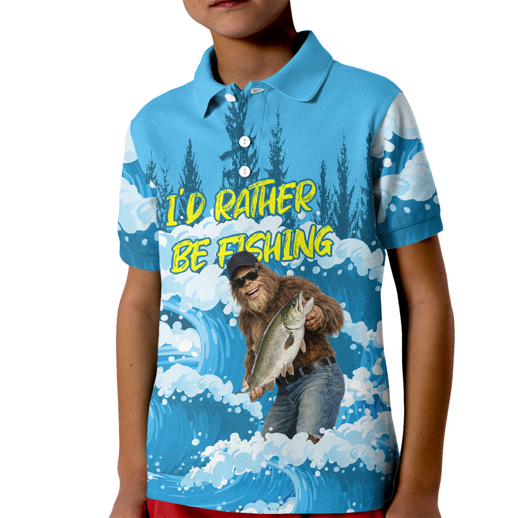 Bigfoot Sasquatch I'd Rather Be Fishing Kid Polo Shirt Funny Angler Humorous Outdoors Graphic Art
