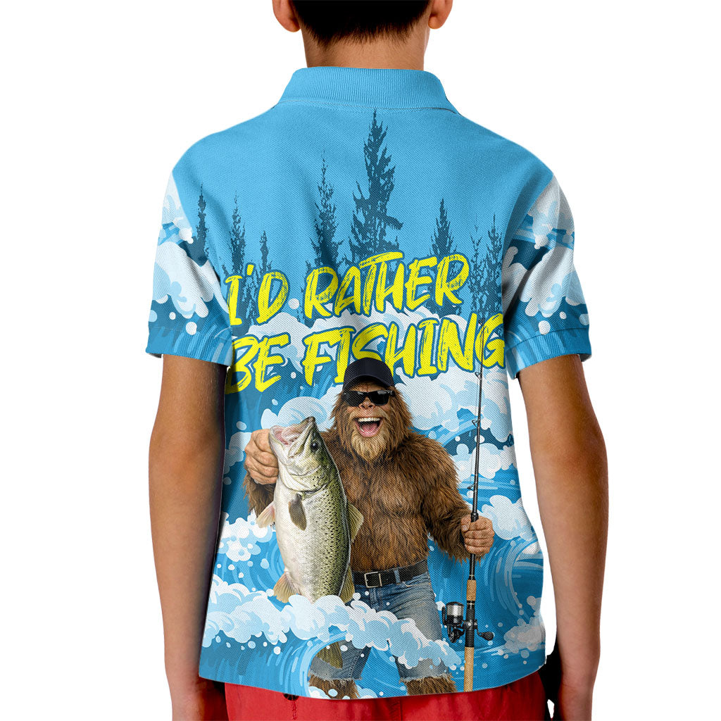 Bigfoot Sasquatch I'd Rather Be Fishing Kid Polo Shirt Funny Angler Humorous Outdoors Graphic Art