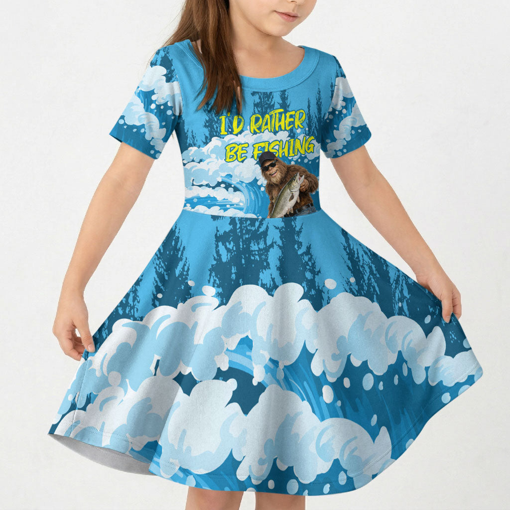 Bigfoot Sasquatch I'd Rather Be Fishing Kid Short Sleeve Dress Funny Angler Humorous Outdoors Graphic Art