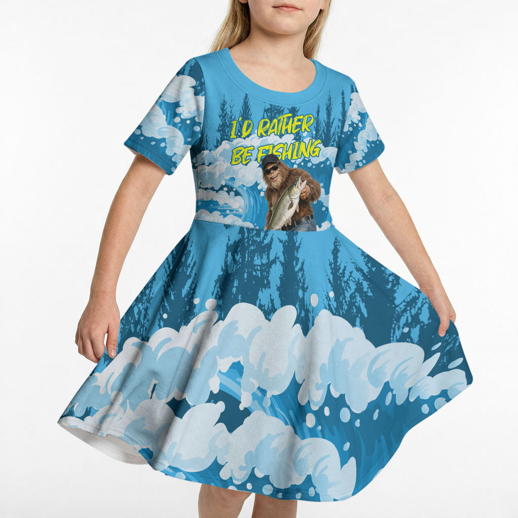 Bigfoot Sasquatch I'd Rather Be Fishing Kid Short Sleeve Dress Funny Angler Humorous Outdoors Graphic Art