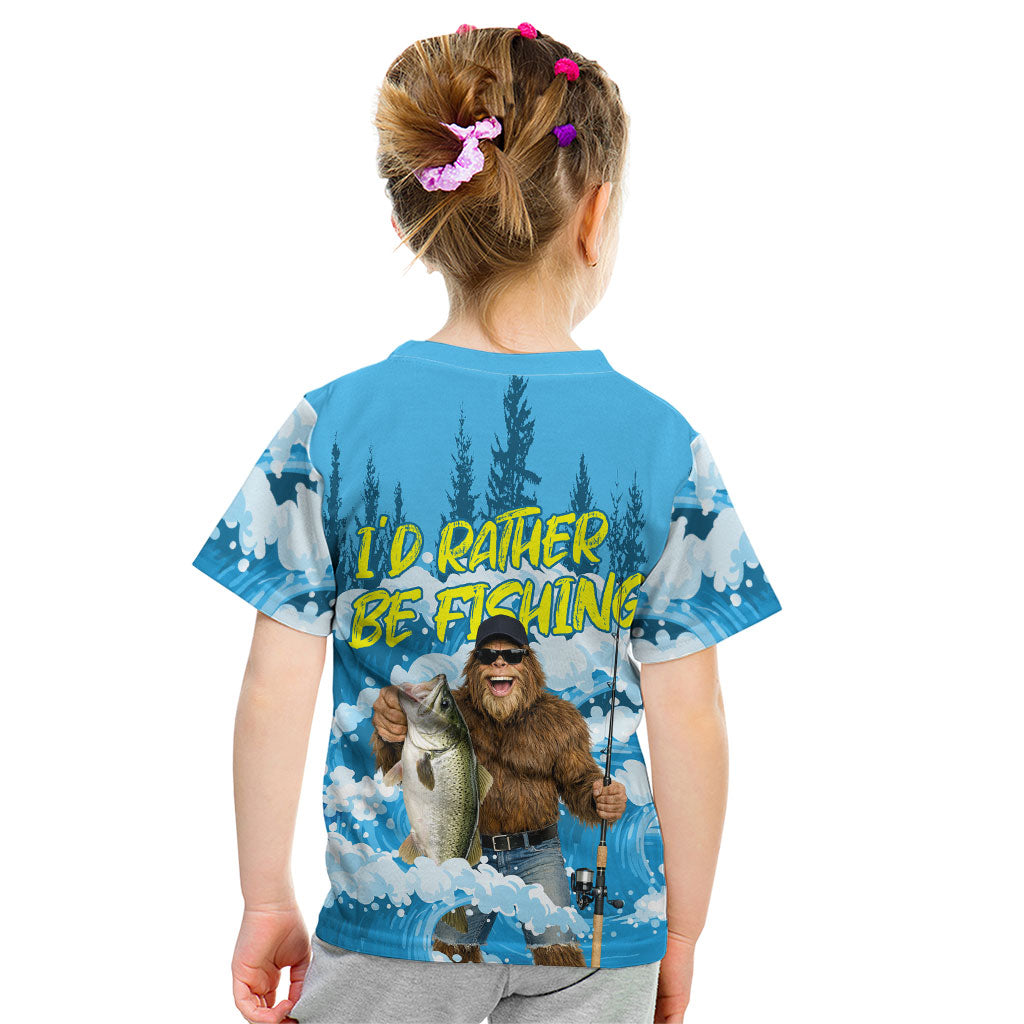 Bigfoot Sasquatch I'd Rather Be Fishing Kid T Shirt Funny Angler Humorous Outdoors Graphic Art